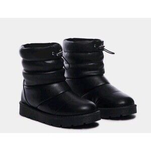 Black Vegan Leather Quilted Puffy Platform Boots Frozen-83 Mid Calf Sz 10 XLNT